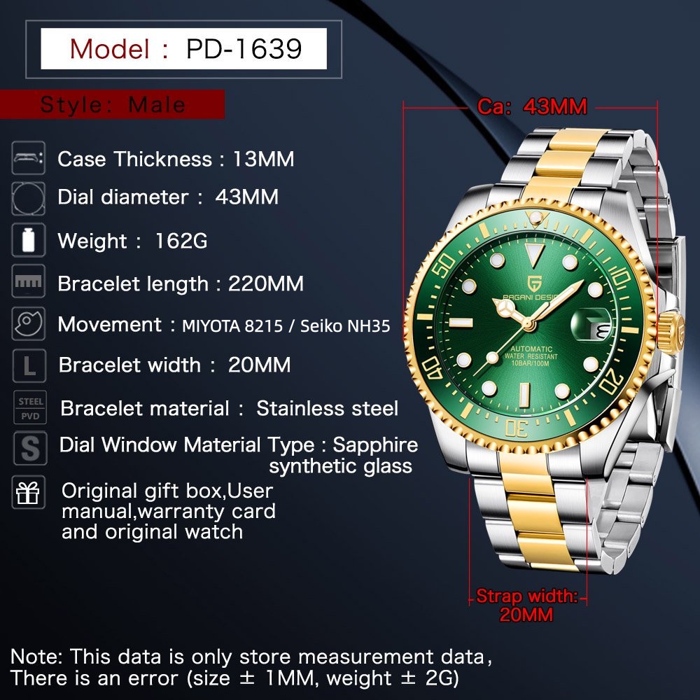 PAGANI Design PD1639 Men Autom - Rolex Watch Submariner ulasan dan harga